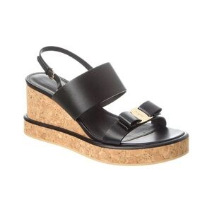 Salvatore Ferragamo Giudith Vara Bow Wedge Black Leather Sandals, size 7.5
